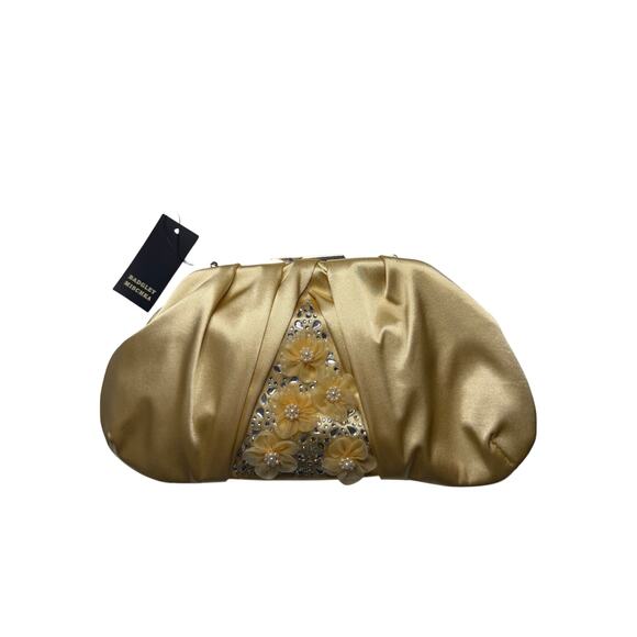 Badgley Mischka Gold Floral Satin Crossbody Clutch – Crystal & Pearl Embellished - Picture 1 of 5